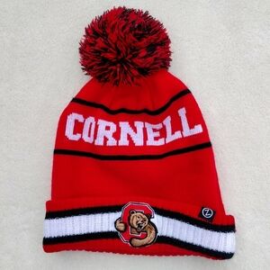 Cornell University Red Striped Knit Beanie Adult One Size Pom Embroidered Logo
